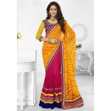 Tremendous Pink Colored Velvet Bordered Net Chiffon Lehenga Saree